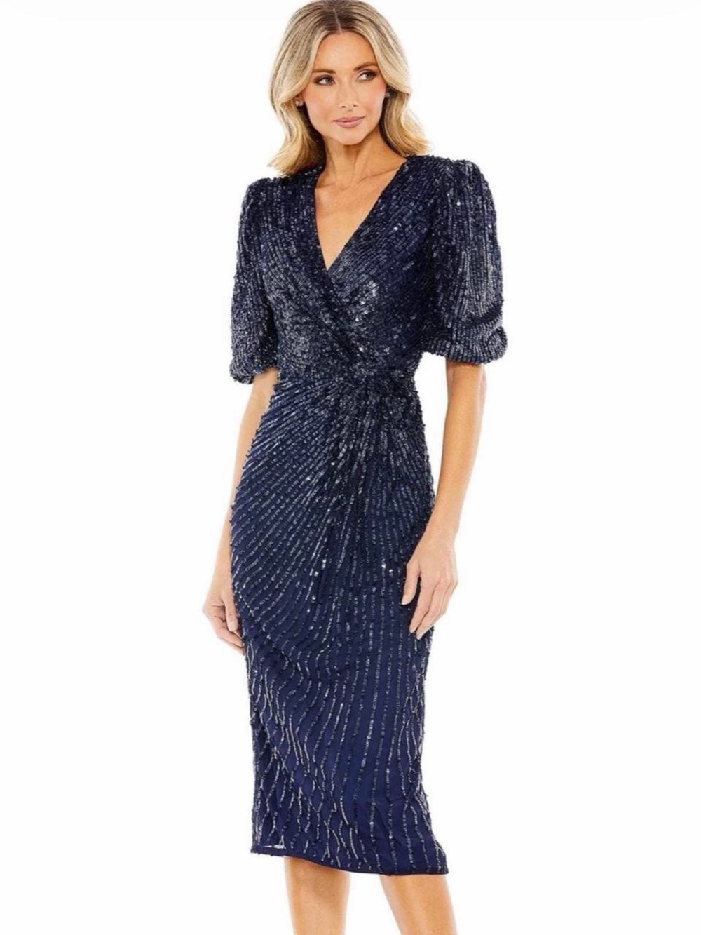 Mac Duggal Style 5578 Navy Sequin Midi Dress — Size 4 NWT